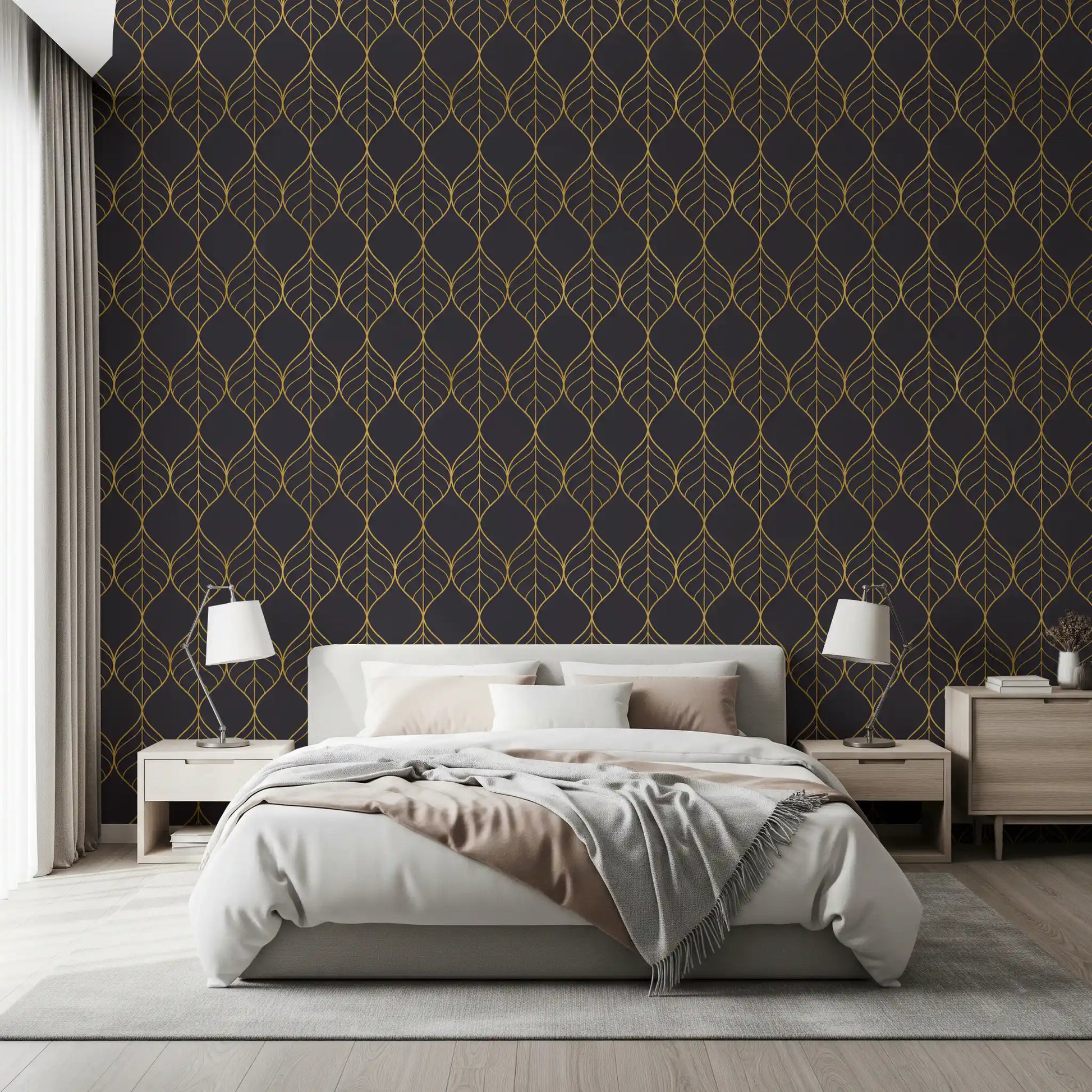 Interlocking gold ogee shapes wallpaper with central veins on a charcoal grey ground., GD10650