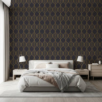 Interlocking gold ogee shapes wallpaper with central veins on a charcoal grey ground., GD10650