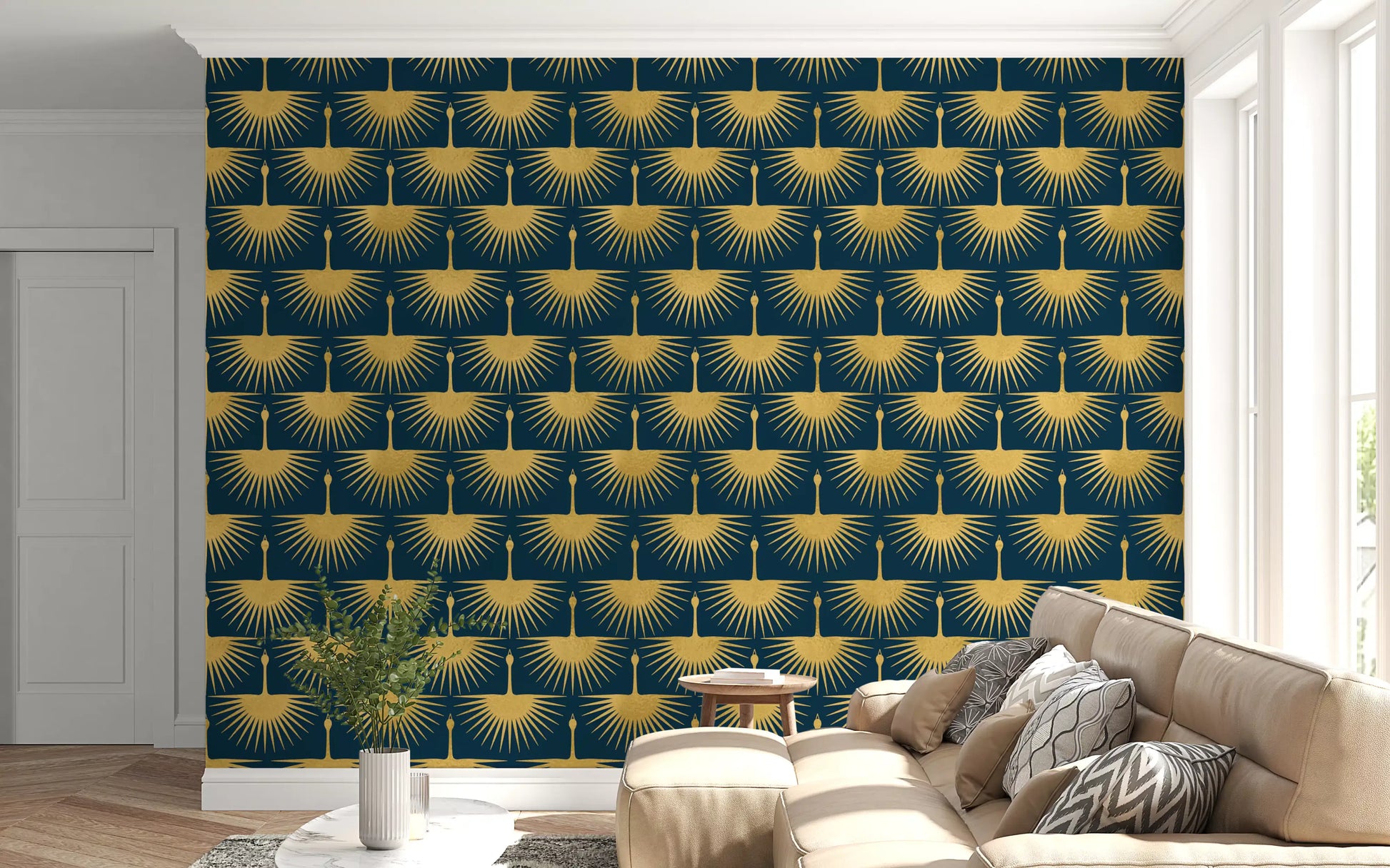 Rows of golden cranes wallpaper with tapered feather lines on a turquoise ground., GD10651