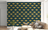 Rows of golden cranes wallpaper with tapered feather lines on a turquoise ground., GD10651