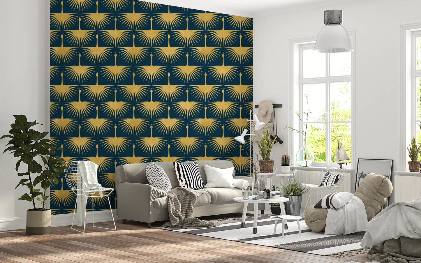 Repeating gold crane pattern with radiating feather rays on turquoise wallpaper., GD10651