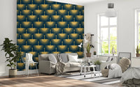 Repeating gold crane pattern with radiating feather rays on turquoise wallpaper., GD10651