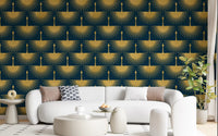Golden crane wallpaper on dark turquoise in a styled living room., GD10651