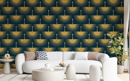 Golden crane wallpaper on dark turquoise in a styled living room., GD10651