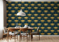 Symmetrical gold crane pattern with radiating wings on dark turquoise wallpaper., GD10651