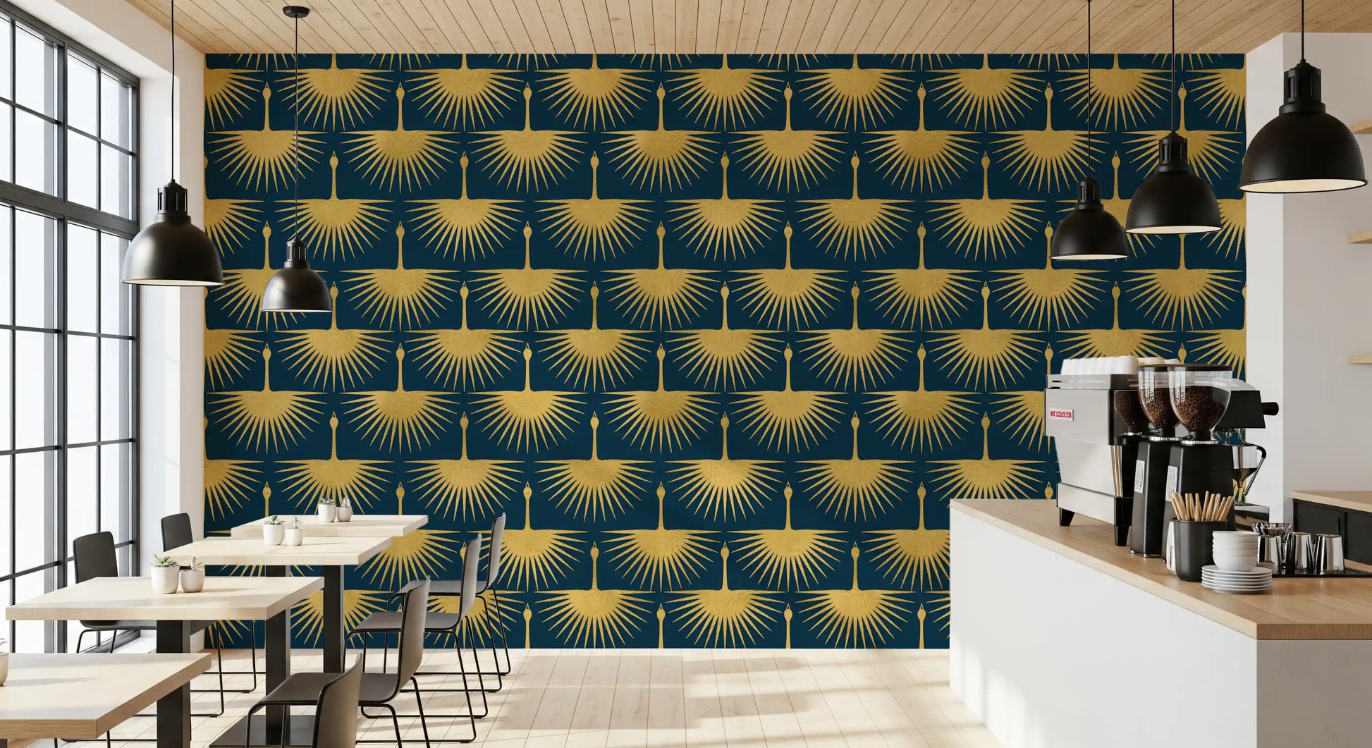 Textured gold crane pattern on turquoise wallpaper in a bright cafe., GD10651