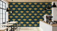 Textured gold crane pattern on turquoise wallpaper in a bright cafe., GD10651