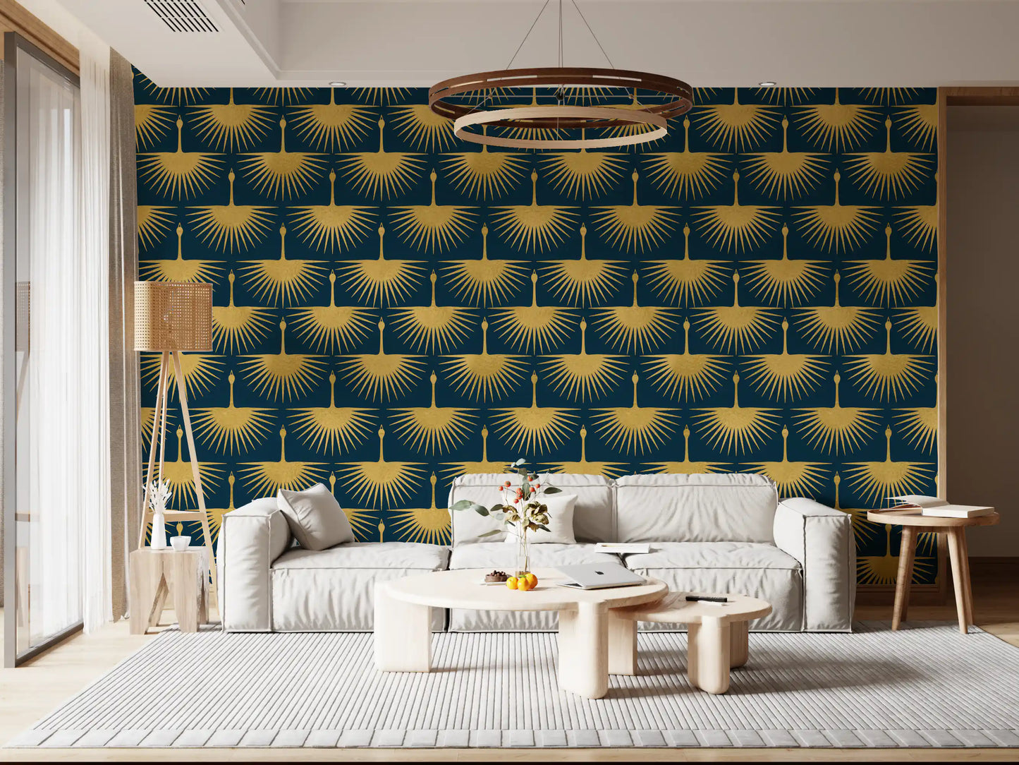 Metallic gold crane motifs wallpaper with fan-shaped wings on a dark turquoise ground., GD10651