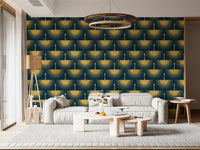 Metallic gold crane motifs wallpaper with fan-shaped wings on a dark turquoise ground., GD10651