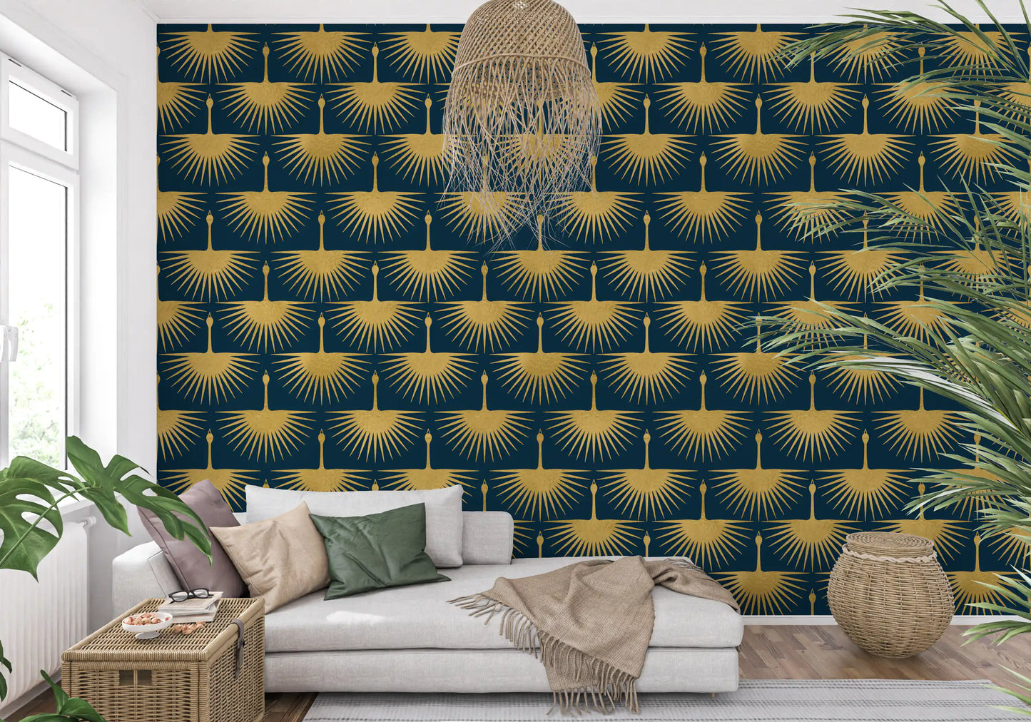Gold bird wallpaper showing cranes with outspread feather rays on turquoise., GD10651