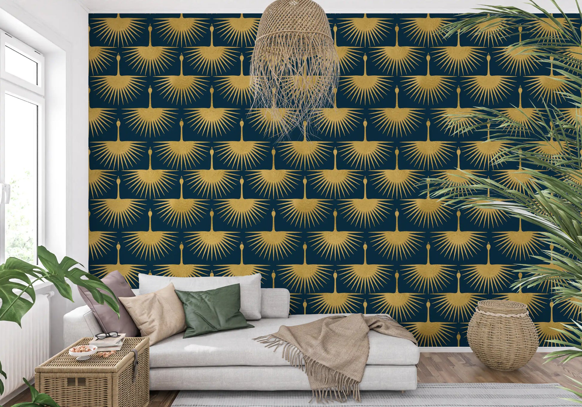 Gold bird wallpaper showing cranes with outspread feather rays on turquoise., GD10651