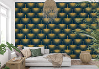 Gold bird wallpaper showing cranes with outspread feather rays on turquoise., GD10651