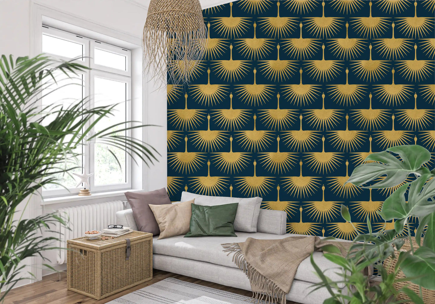 Textured gold cranes wallpaper in rows on a deep turquoise background., GD10651