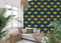 Textured gold cranes wallpaper in rows on a deep turquoise background., GD10651