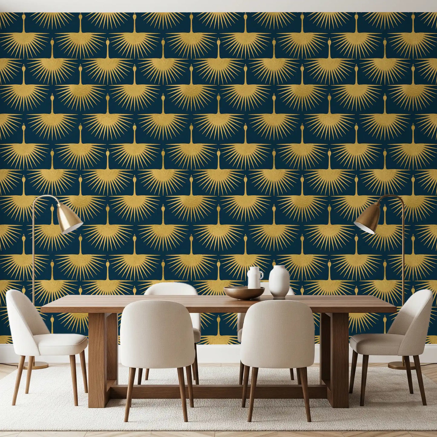 Textured gold cranes repeated on dark turquoise wallpaper in dining room., GD10651