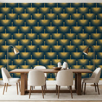 Textured gold cranes repeated on dark turquoise wallpaper in dining room., GD10651