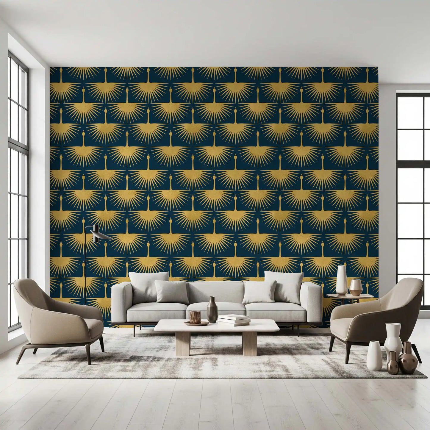 Dark turquoise wallpaper with repeating textured gold crane wing motifs., GD10651
