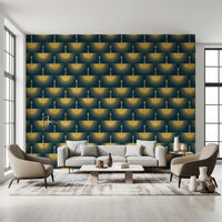 Dark turquoise wallpaper with repeating textured gold crane wing motifs., GD10651