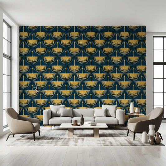 Dark turquoise wallpaper with repeating textured gold crane wing motifs.