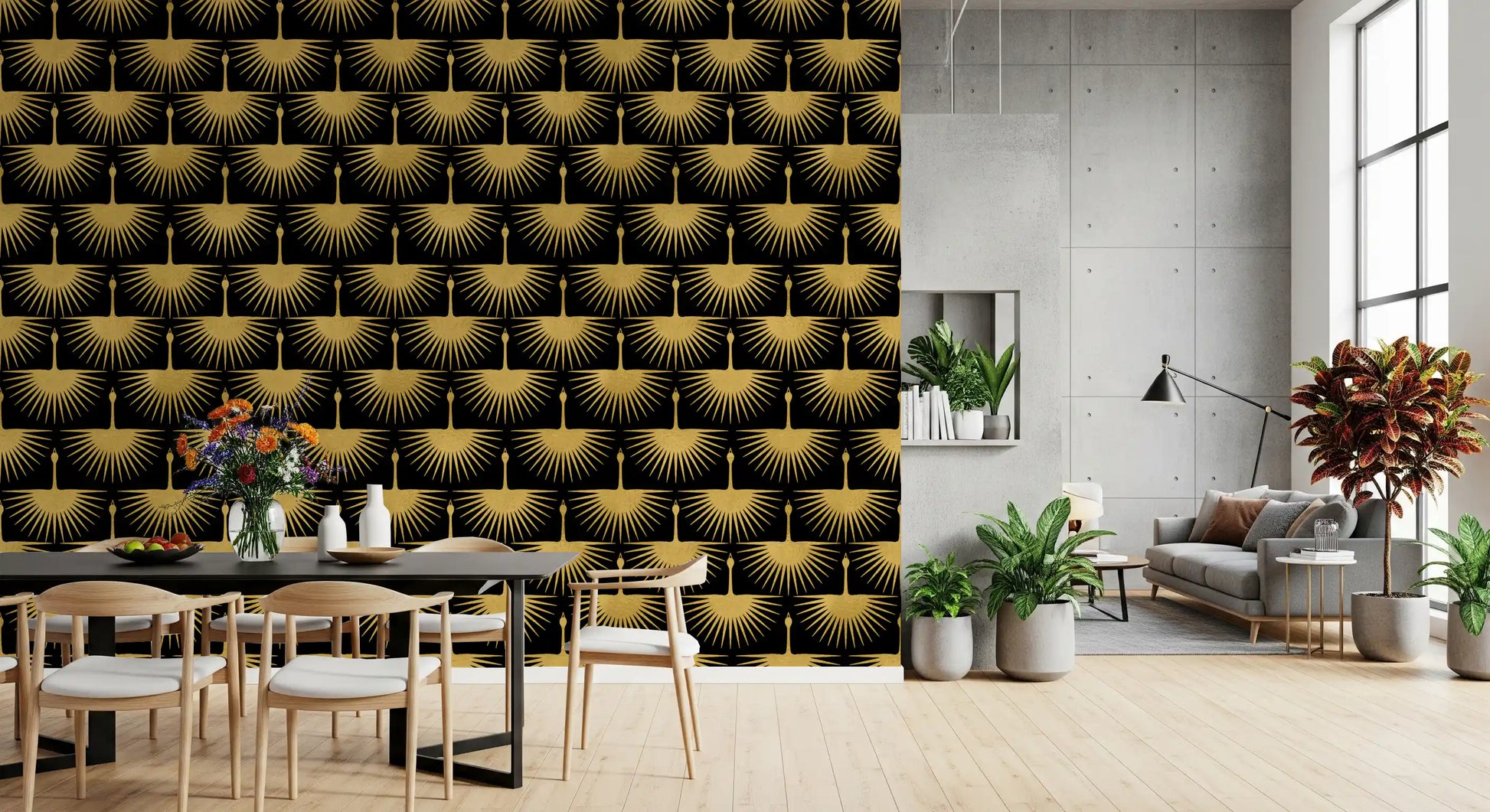 Textured gold cranes arranged in rows on a black wallpaper., GD10652