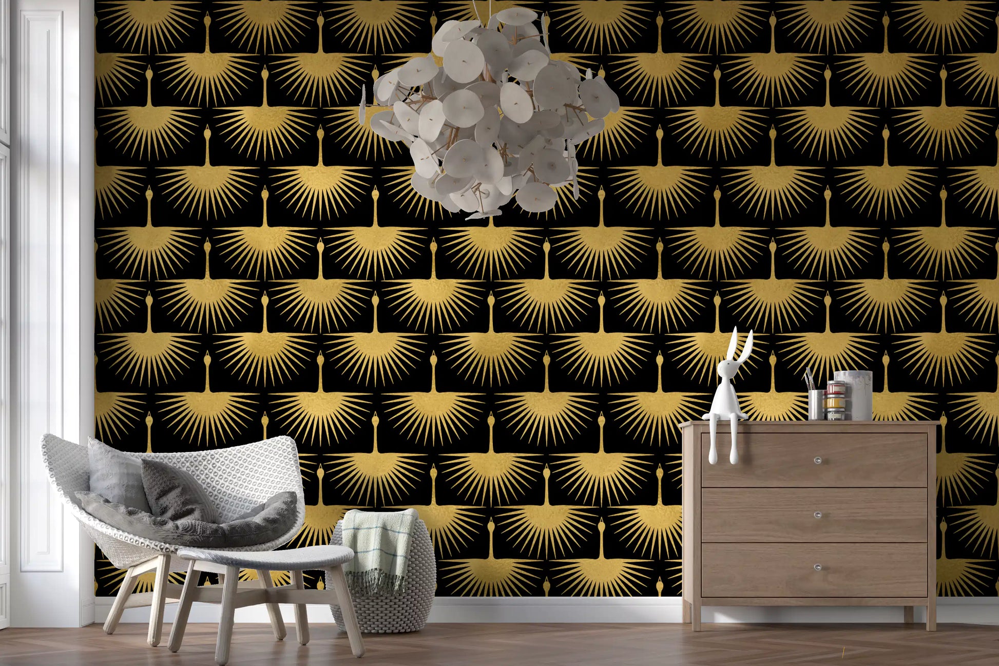 Wallpaper showing gold crane motifs with spread wings on black., GD10652