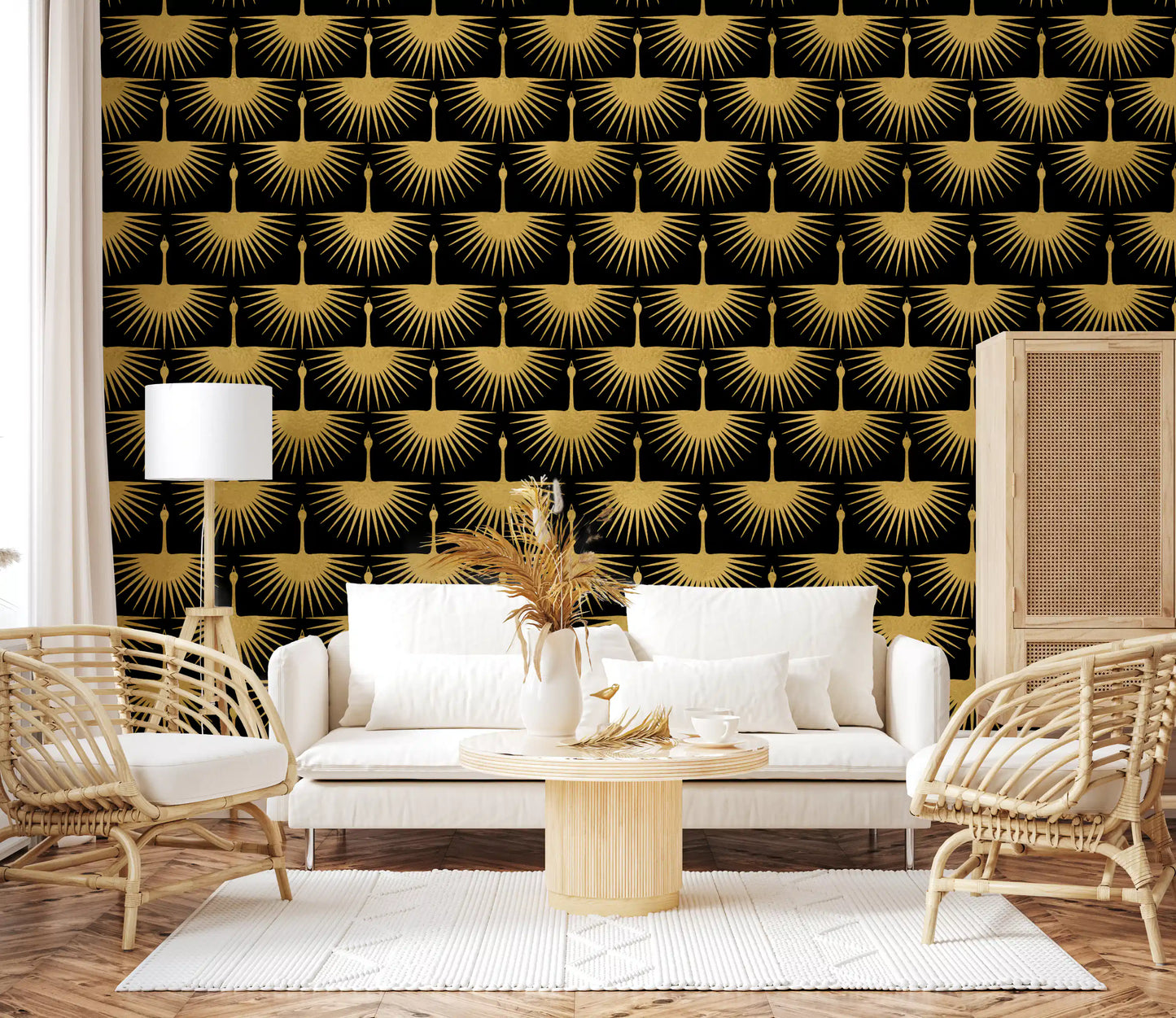 Symmetrical gold crane pattern with radiating wings on black wallpaper., GD10652
