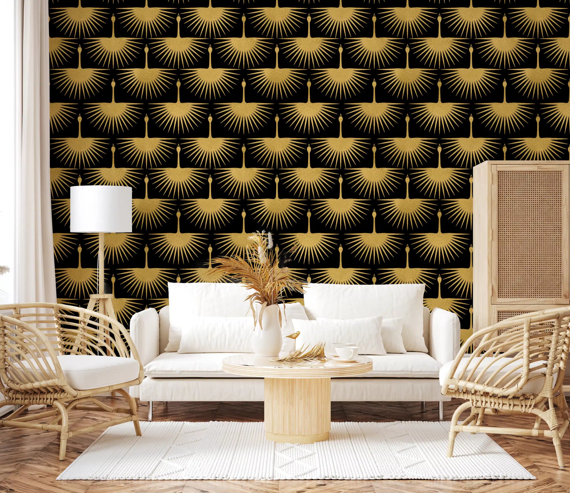 Symmetrical gold crane pattern with radiating wings on black wallpaper., GD10652