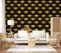 Symmetrical gold crane pattern with radiating wings on black wallpaper., GD10652