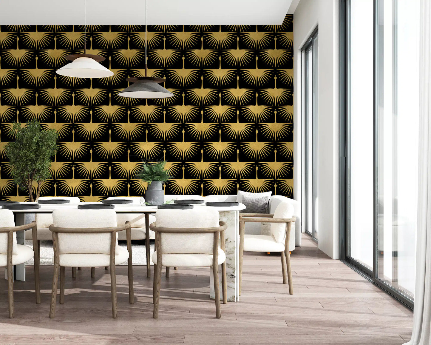 Black and gold crane wallpaper in a contemporary dining room setting., GD10652