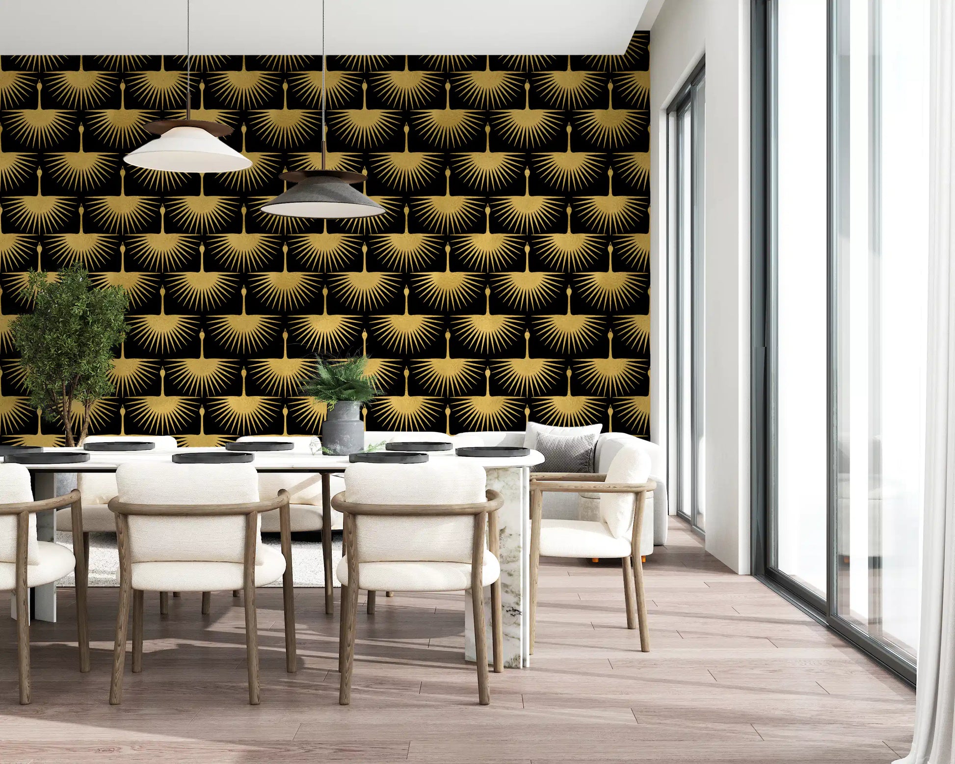 Black and gold crane wallpaper in a contemporary dining room setting., GD10652