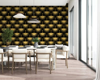 Black and gold crane wallpaper in a contemporary dining room setting., GD10652