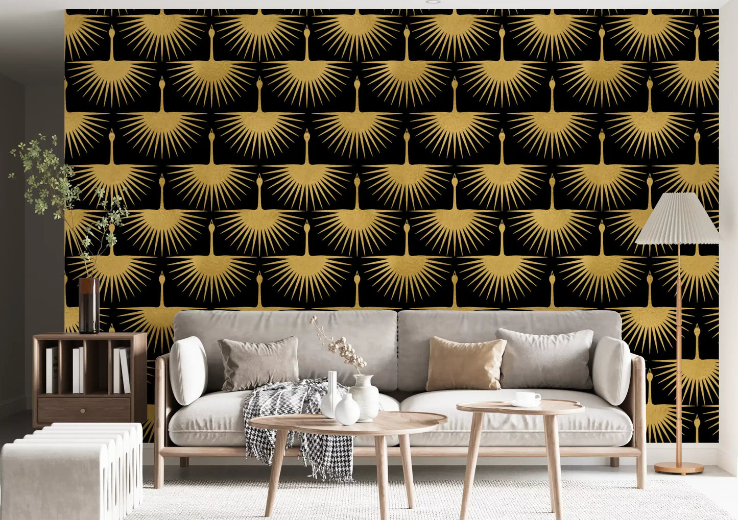 Rows of golden cranes wallpaper with tapered feather lines on a black ground, GD10652