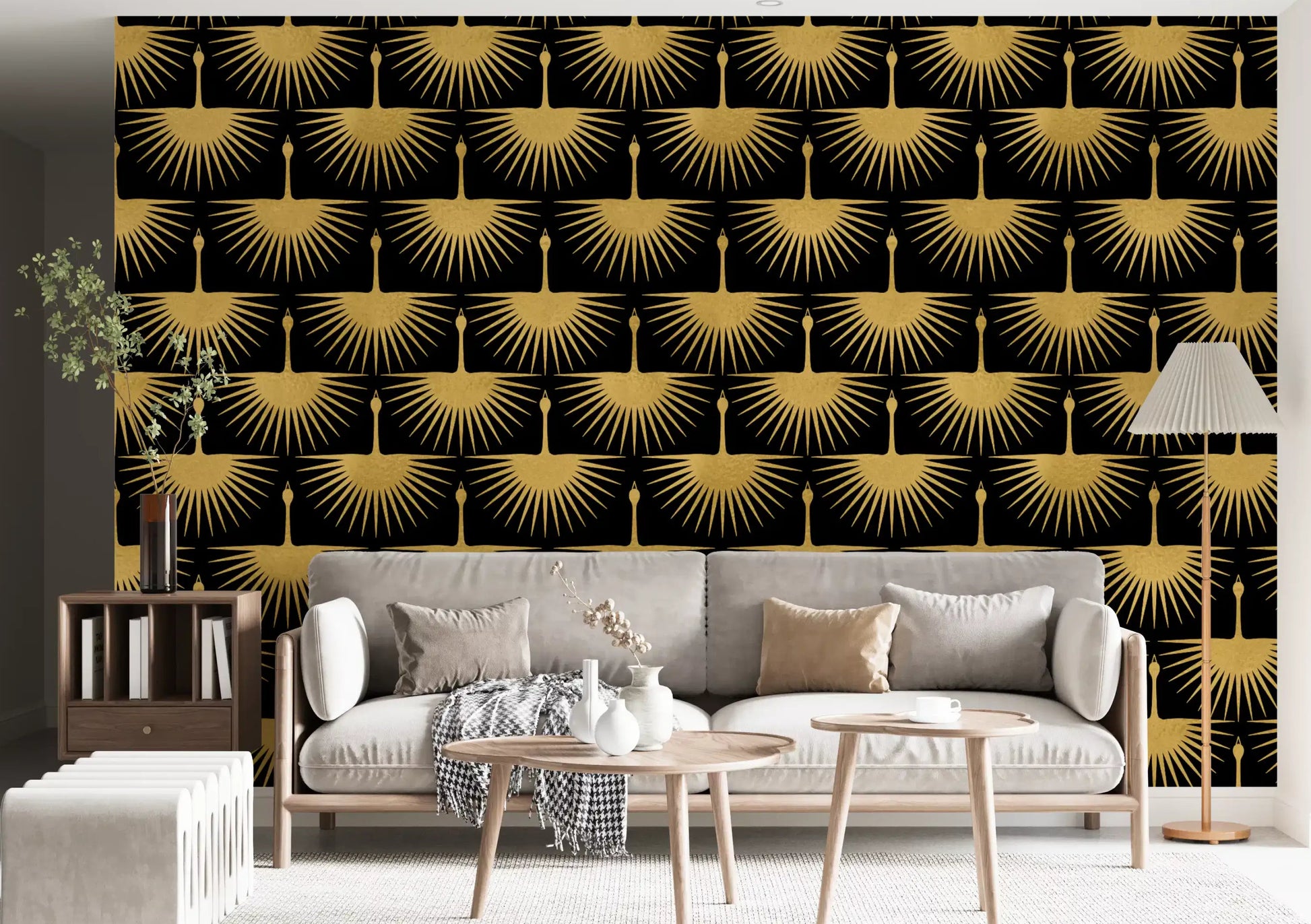 Rows of golden cranes wallpaper with tapered feather lines on a black ground, GD10652