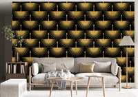 Rows of golden cranes wallpaper with tapered feather lines on a black ground, GD10652