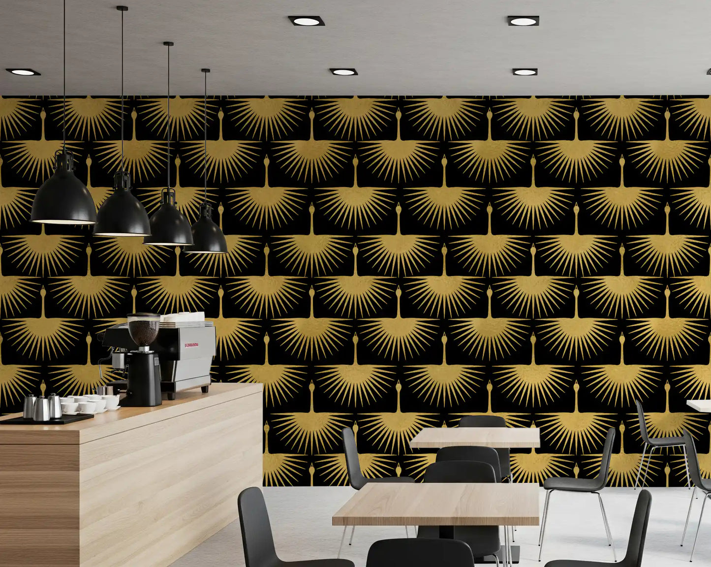 Black wallpaper with repeating textured gold crane wing motifs., GD10652