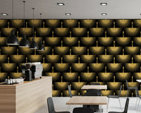 Black wallpaper with repeating textured gold crane wing motifs., GD10652