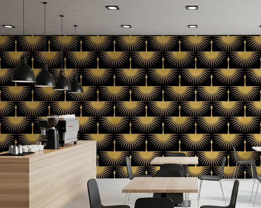 Black wallpaper with repeating textured gold crane wing motifs.