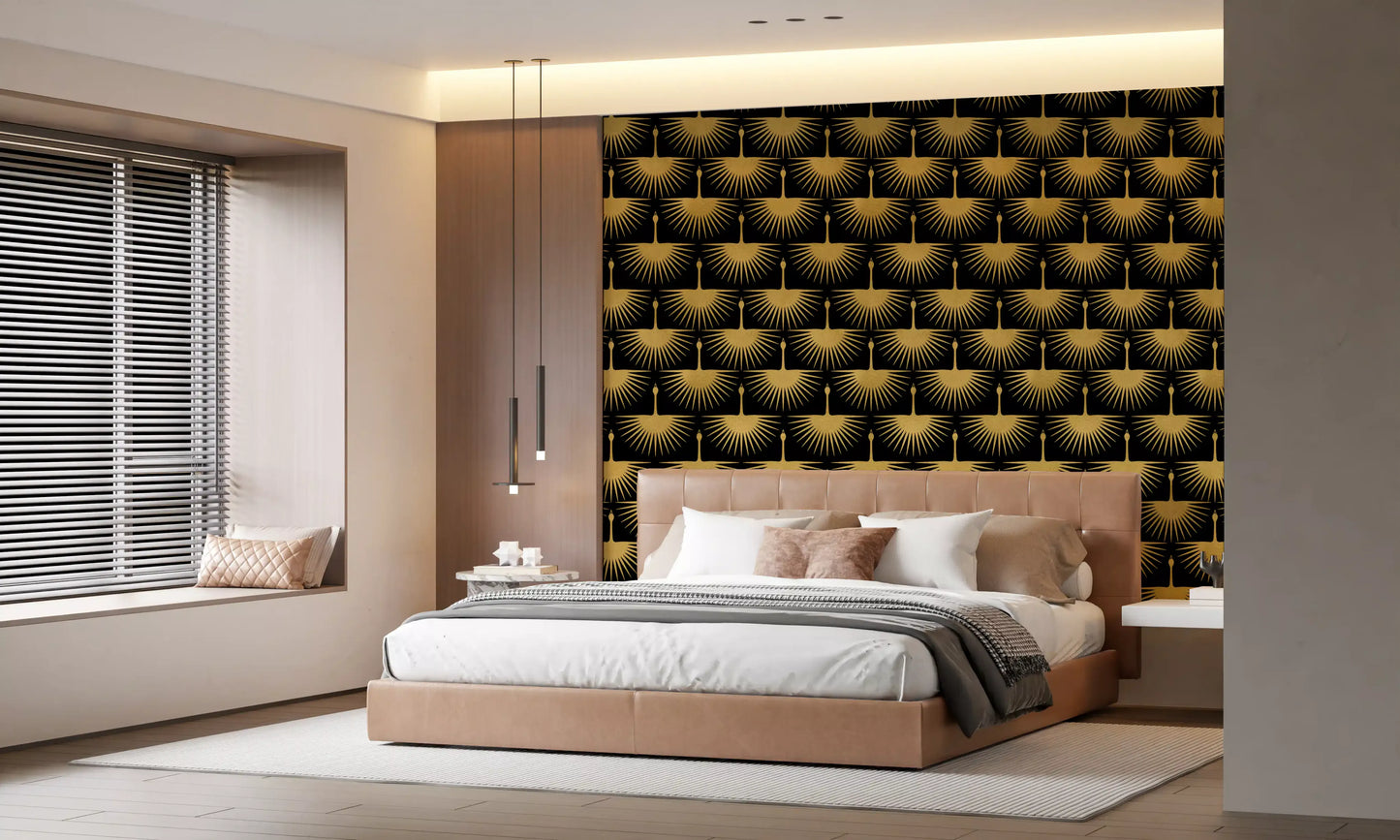 Textured gold cranes repeated on a black wallpaper in bedroom., GD10652
