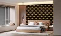 Textured gold cranes repeated on a black wallpaper in bedroom., GD10652