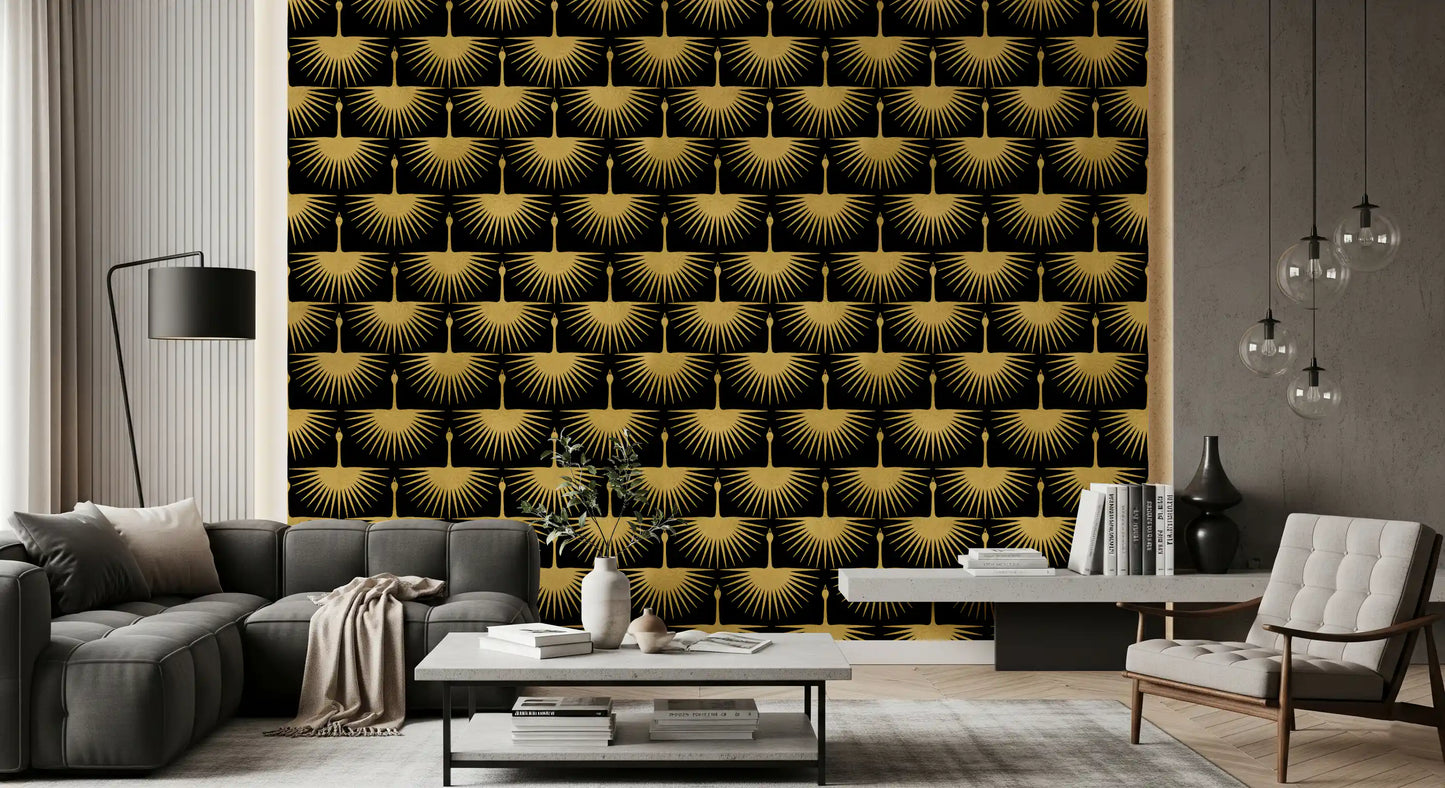 Gold bird wallpaper showing cranes with outspread feather rays., GD10652
