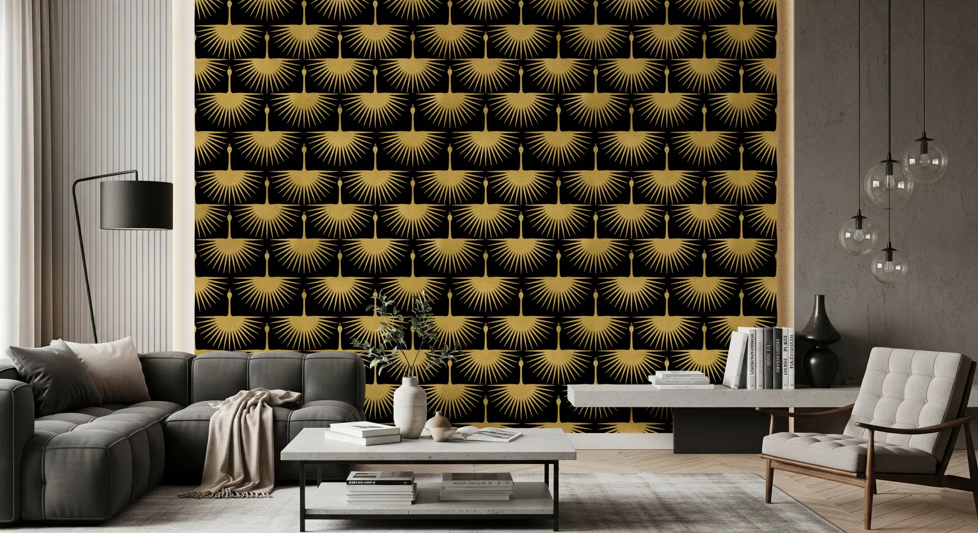 Gold bird wallpaper showing cranes with outspread feather rays., GD10652
