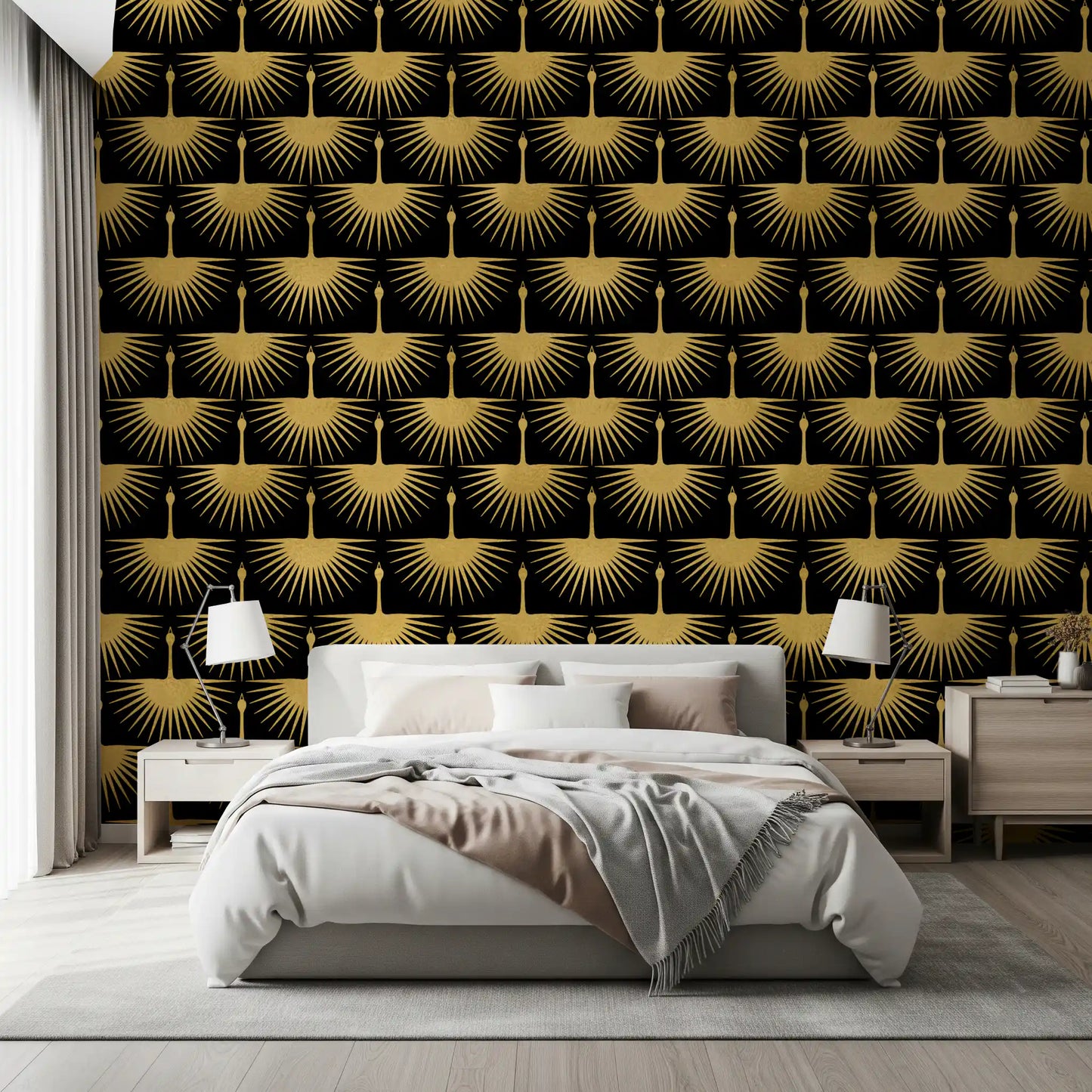 Metallic gold crane motifs wallpaper with fan-shaped wings on a solid black ground., GD10652