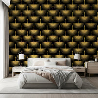 Metallic gold crane motifs wallpaper with fan-shaped wings on a solid black ground., GD10652