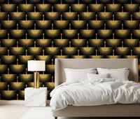 Textured gold crane pattern on black wallpaper in a styled bedroom., GD10652