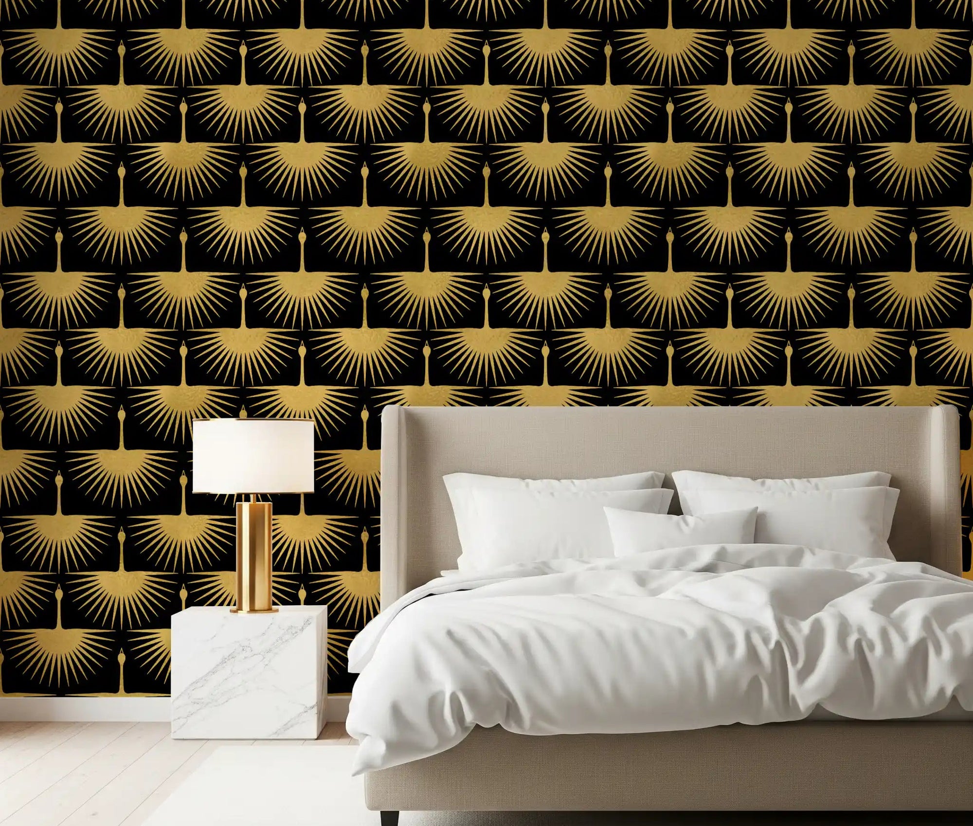 Textured gold crane pattern on black wallpaper in a styled bedroom., GD10652