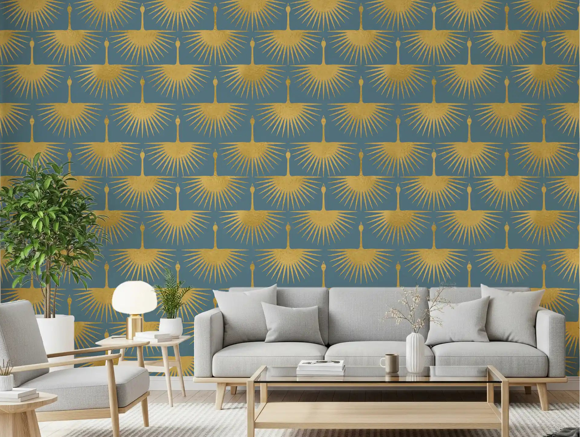 Gold crane wallpaper on duck egg blue in a bright living room., GD10653