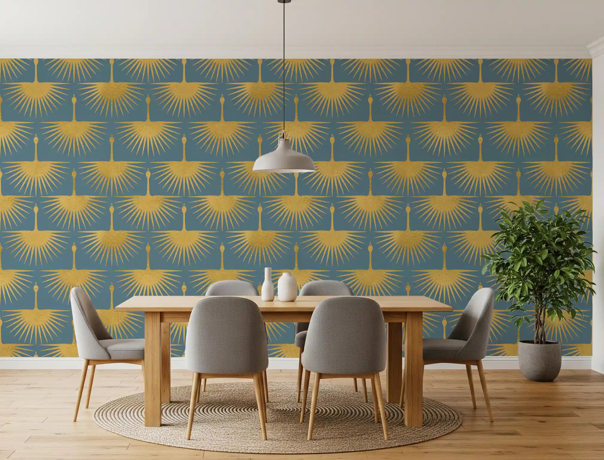 Symmetrical gold crane wallpaper with radiating wings on duck egg blue., GD10653