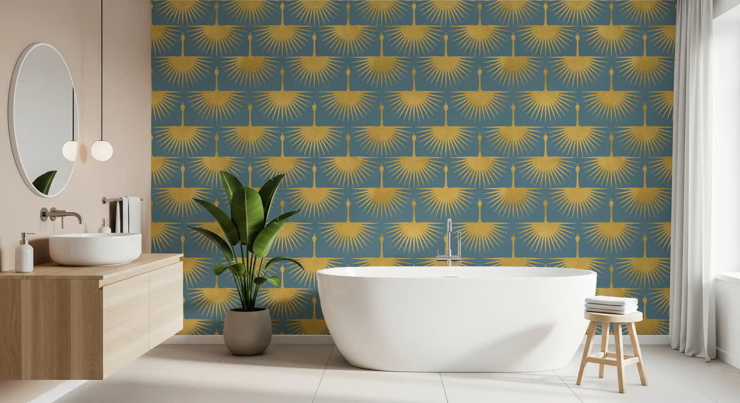 Duck egg blue wallpaper with repeating textured gold crane wing motifs in bathroom., GD10653