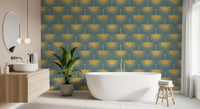 Duck egg blue wallpaper with repeating textured gold crane wing motifs in bathroom., GD10653