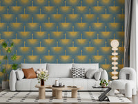 Wallpaper showing gold crane motifs with spread wings on duck egg blue, GD10653